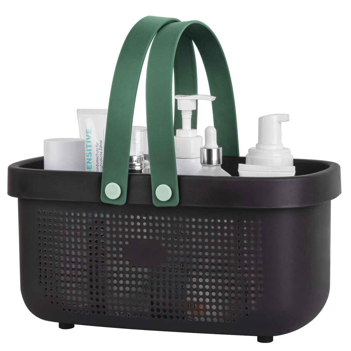 JiatuA plastic storage basket with silicone handle for easy, comfortable bathroom portability.