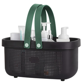 JiatuA plastic storage basket with silicone handle for easy, comfortable bathroom portability.