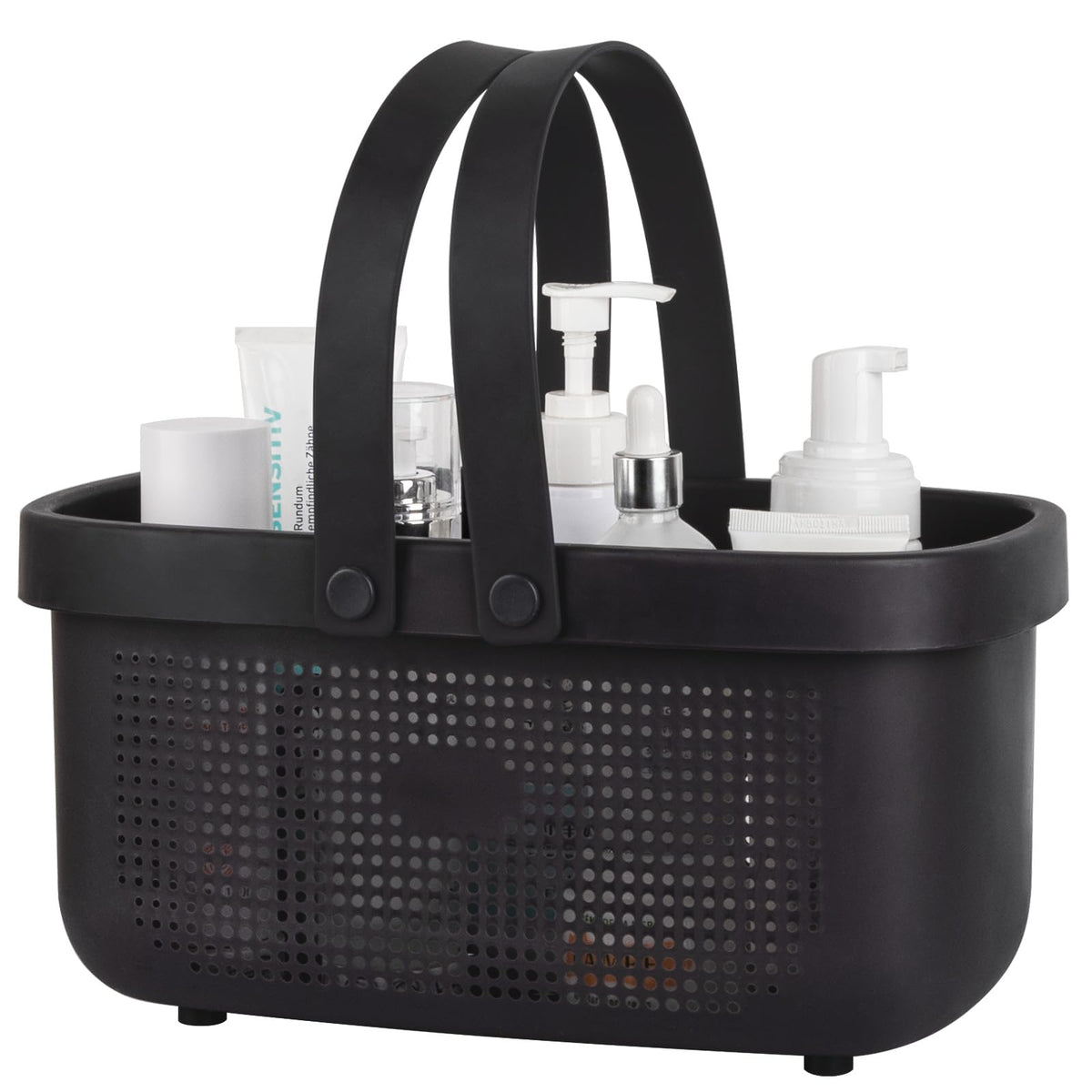 JiatuA plastic storage basket with silicone handle for easy bathroom organization.