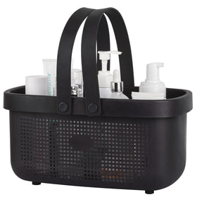 JiatuA plastic storage basket with silicone handle for easy bathroom organization.