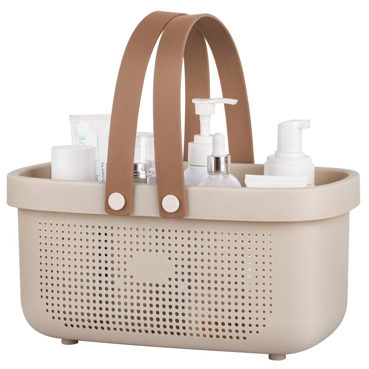 JiatuA plastic storage basket with silicone handle for easy carry and organization.
