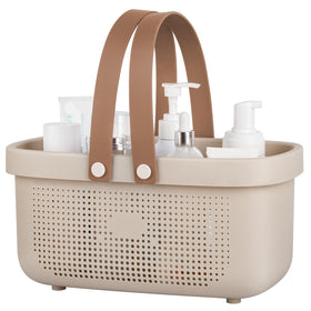 JiatuA plastic storage basket with silicone handle for easy carry and organization.