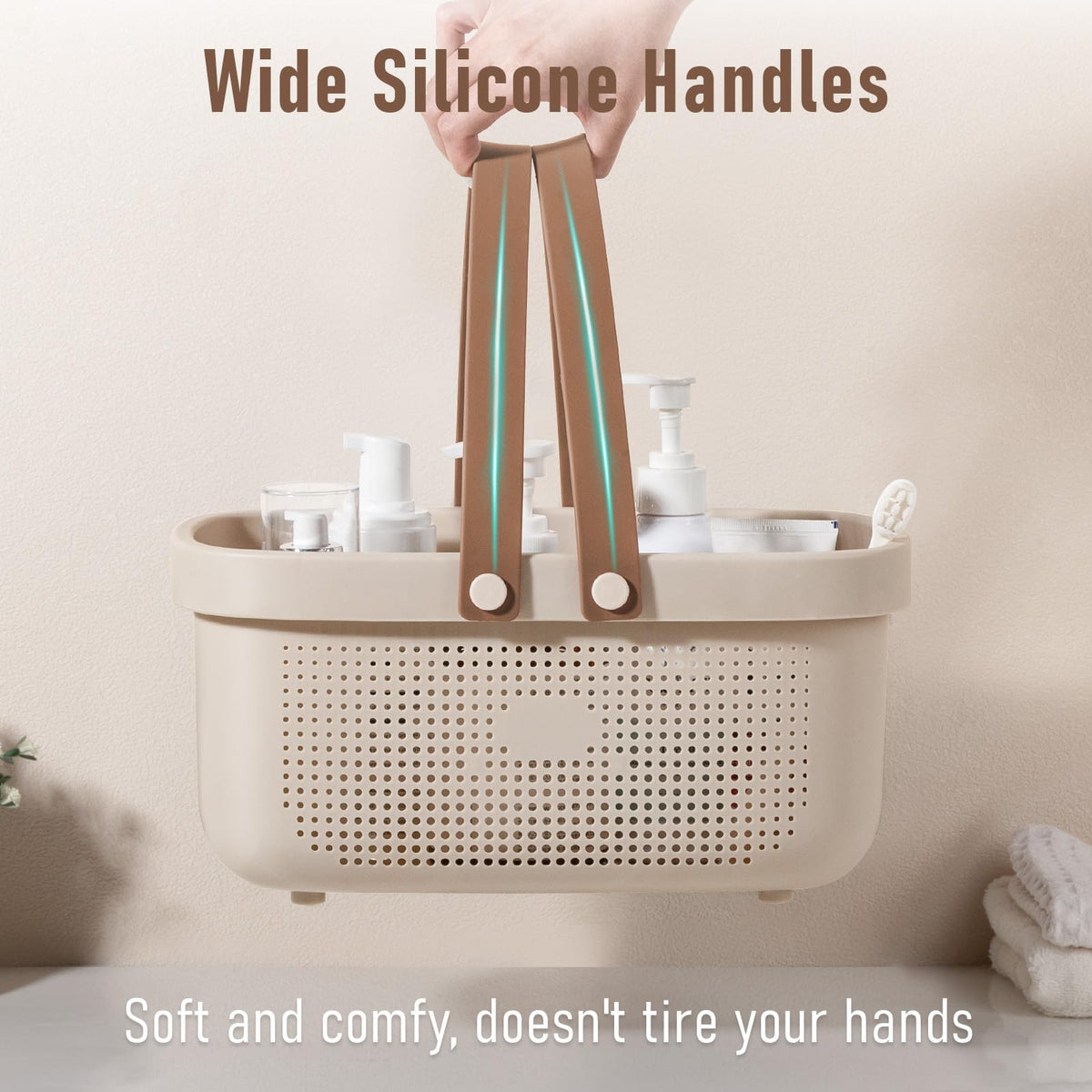 JiatuA portable beige shower caddy keeps essentials organized.