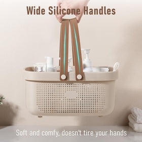 JiatuA portable beige shower caddy keeps essentials organized.