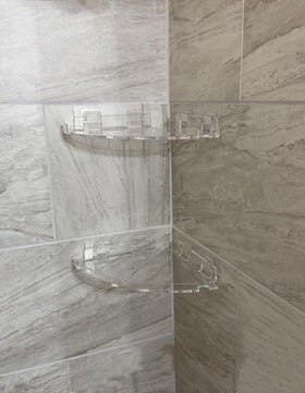 JiePai adhesive no-drill install shown on tiled wall for easy mounting.