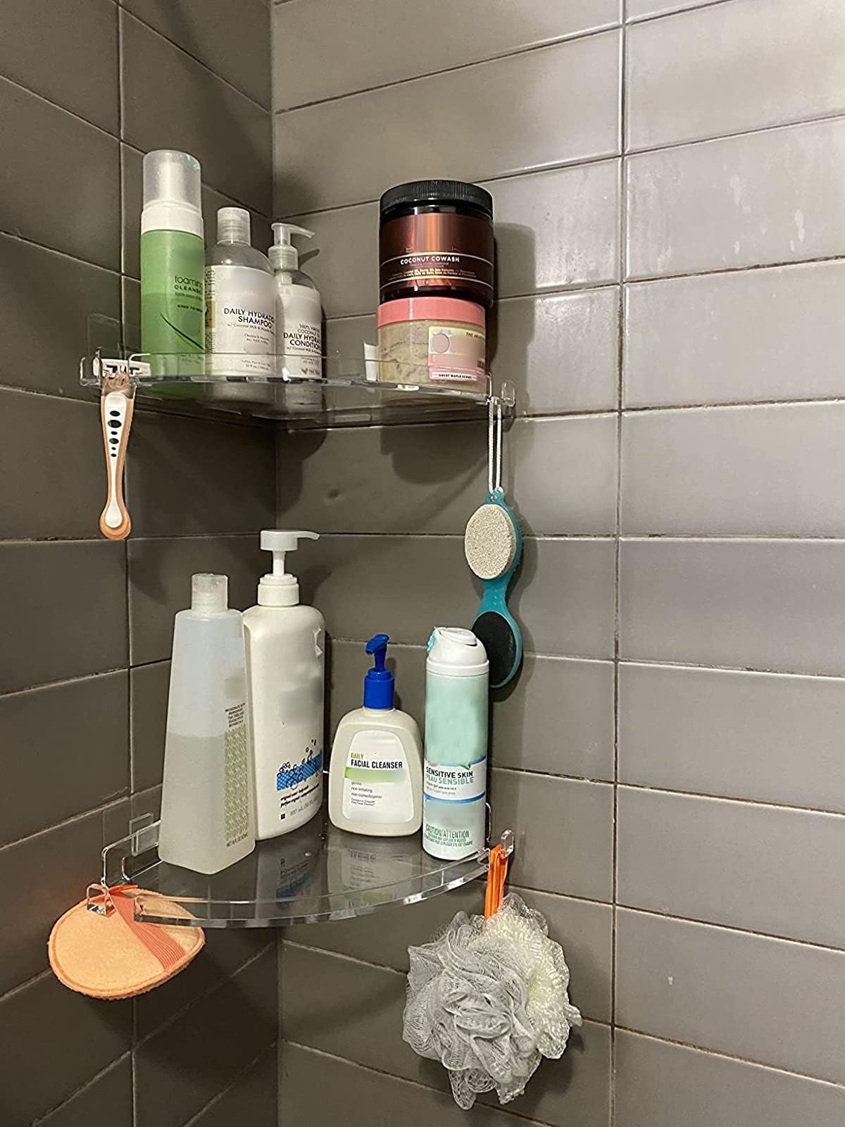 JiePai corner shower caddy with 90-degree fit for organized shampoo bottles.
