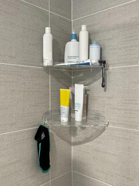 JiePai shower caddy hooks hold razors, loofahs, and brushes.