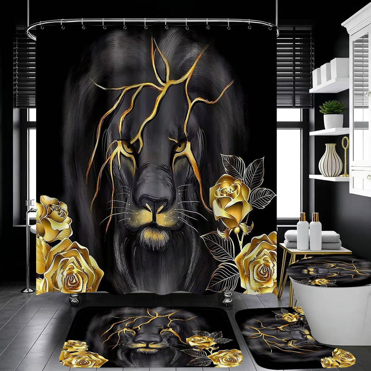 Jieprom four-piece bathroom set on display with luxury black-gold accents.