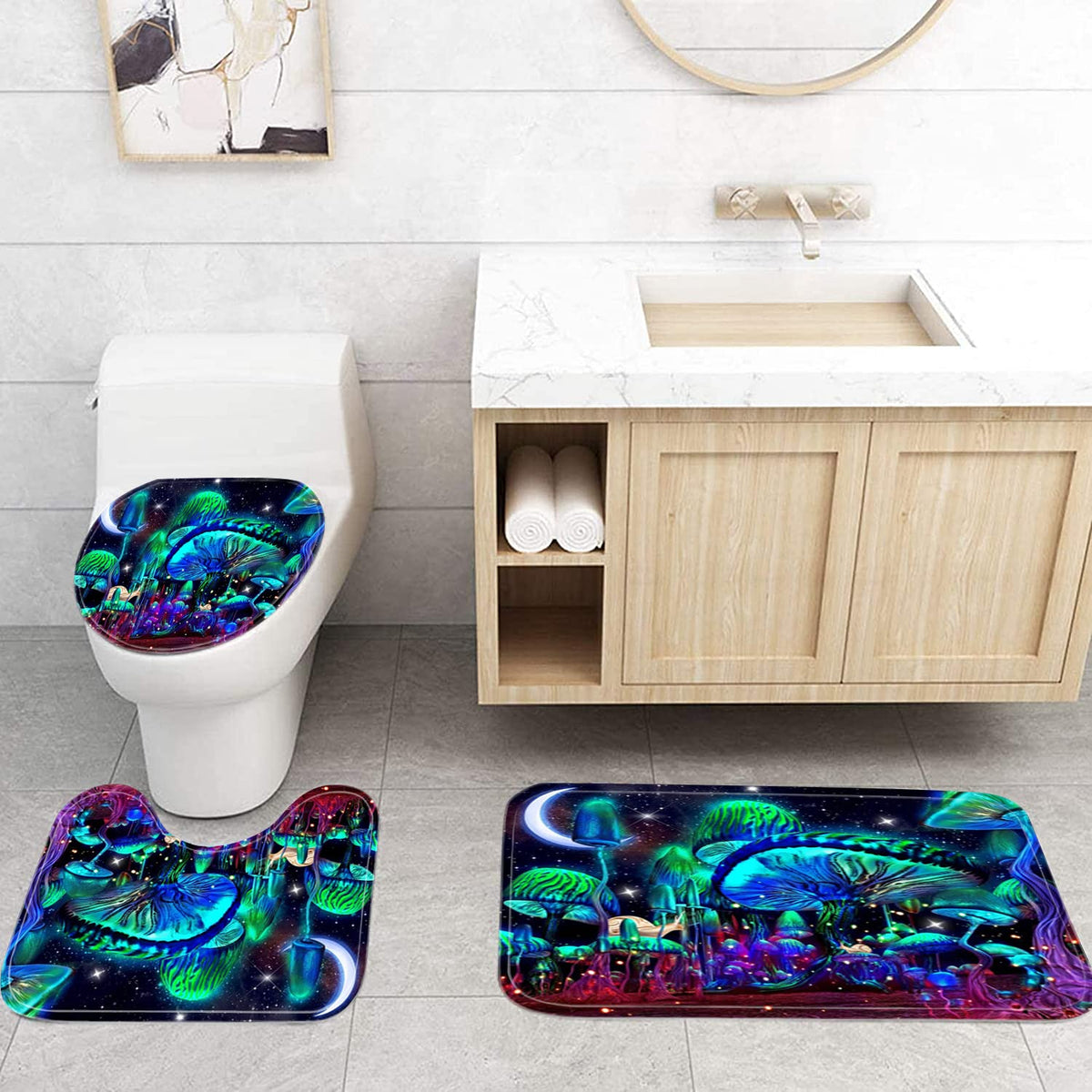 Jieprom mushroom curtain and flannel rugs add soft, cozy comfort.