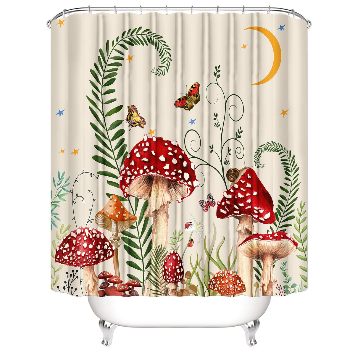 Coordinating mushroom toilet lid cover for cohesive bathroom decor.