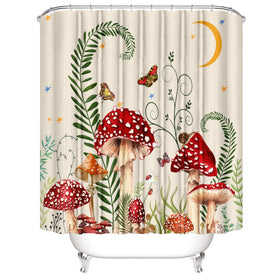 Coordinating mushroom toilet lid cover for cohesive bathroom decor.