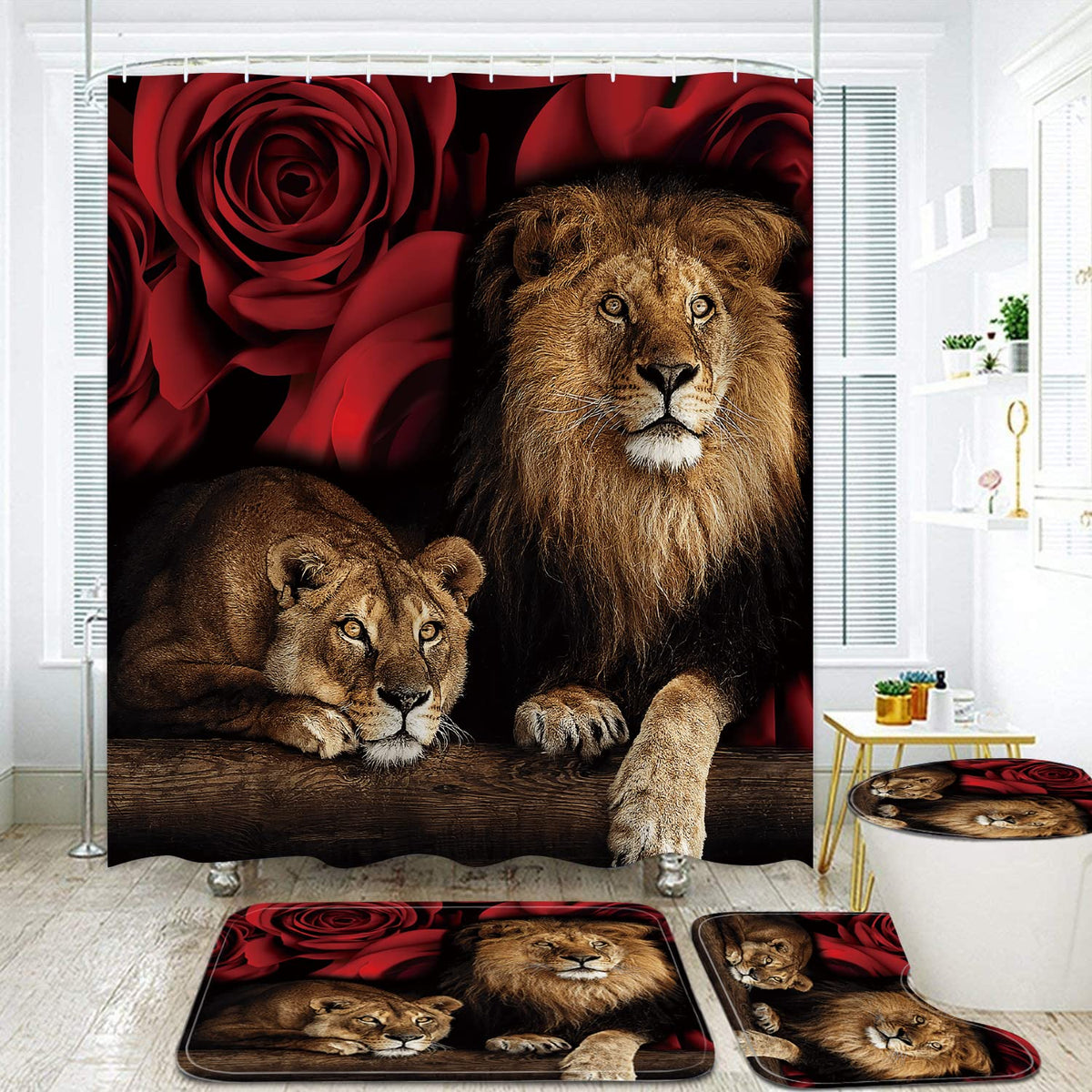 jieprom red rose and lion shower curtain with vibrant print for a refreshed bathroom space