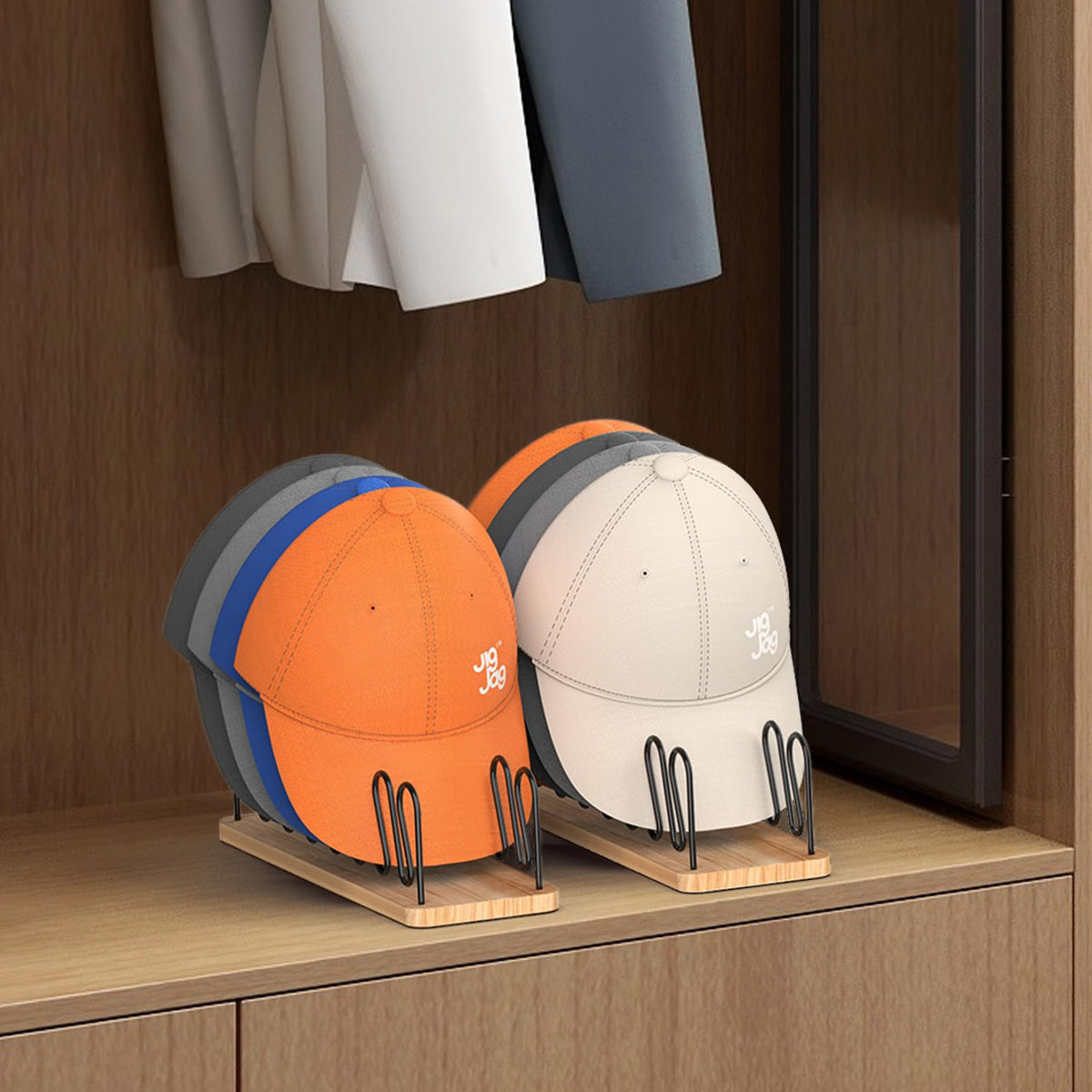JigJag baseball cap display in wood and iron for durable storage