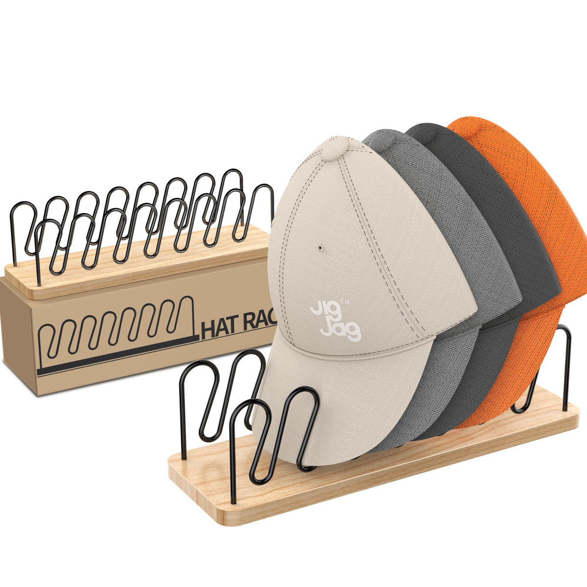 JigJag hat organizer 2-pack keeps baseball caps neatly displayed on a tabletop