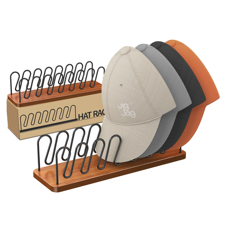 JigJag hat rack with wood and metal design holds 14 caps neatly.