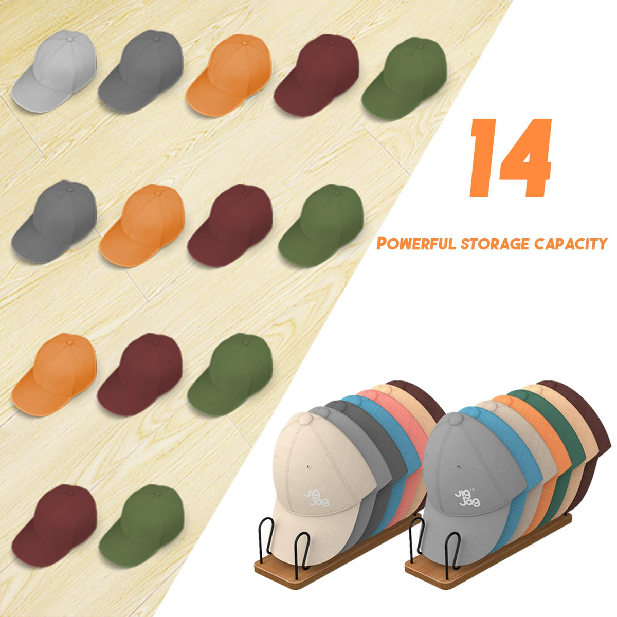 JigJag hat display rack made from eco-friendly pine and iron.