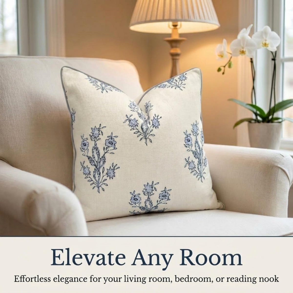 Close-up of Jillien Harbor The Mary blue and white floral pattern on soft fabric