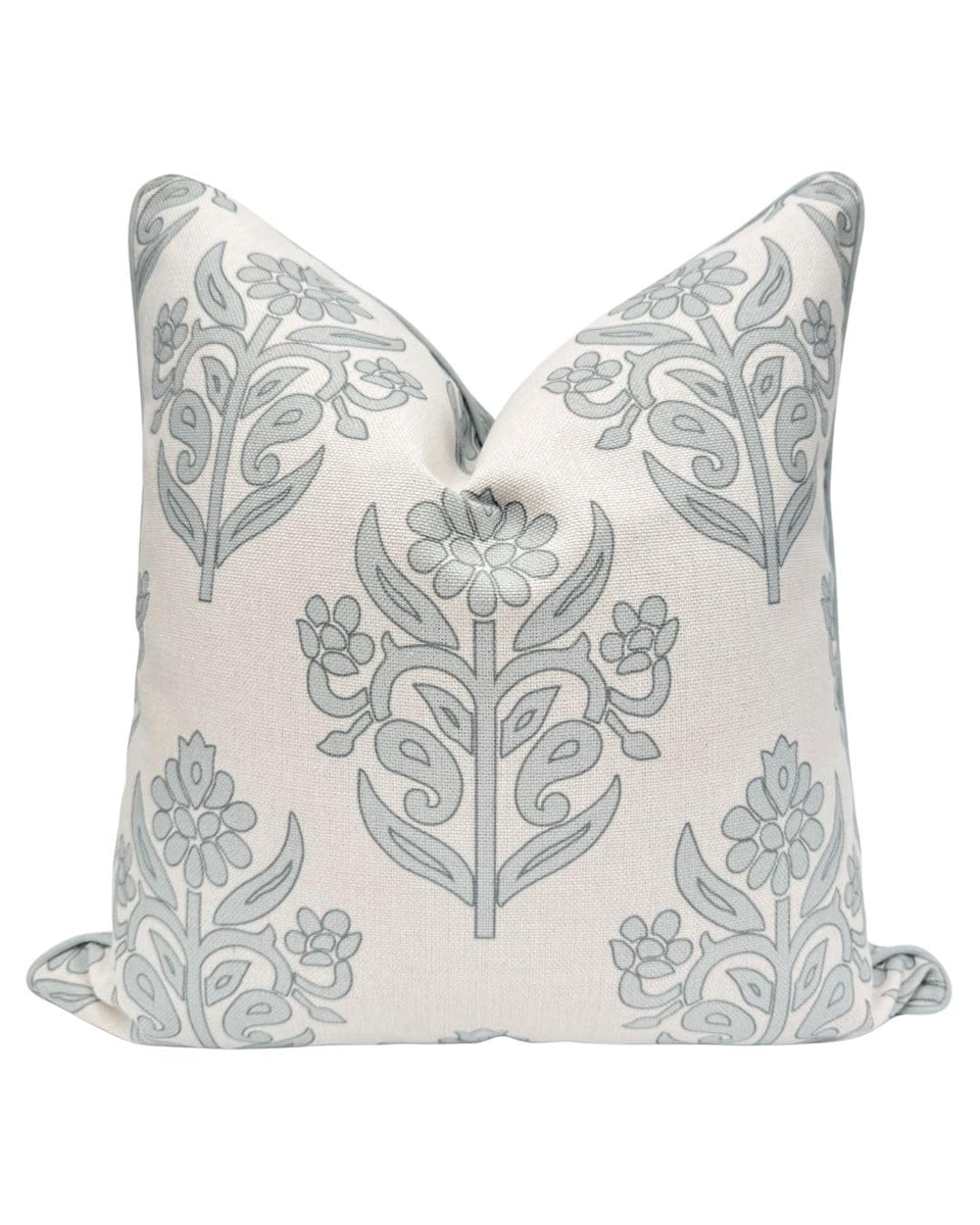 Jillien Harbor The Naples pillow cover with grey floral block print and blue piping for sophisticated decor.