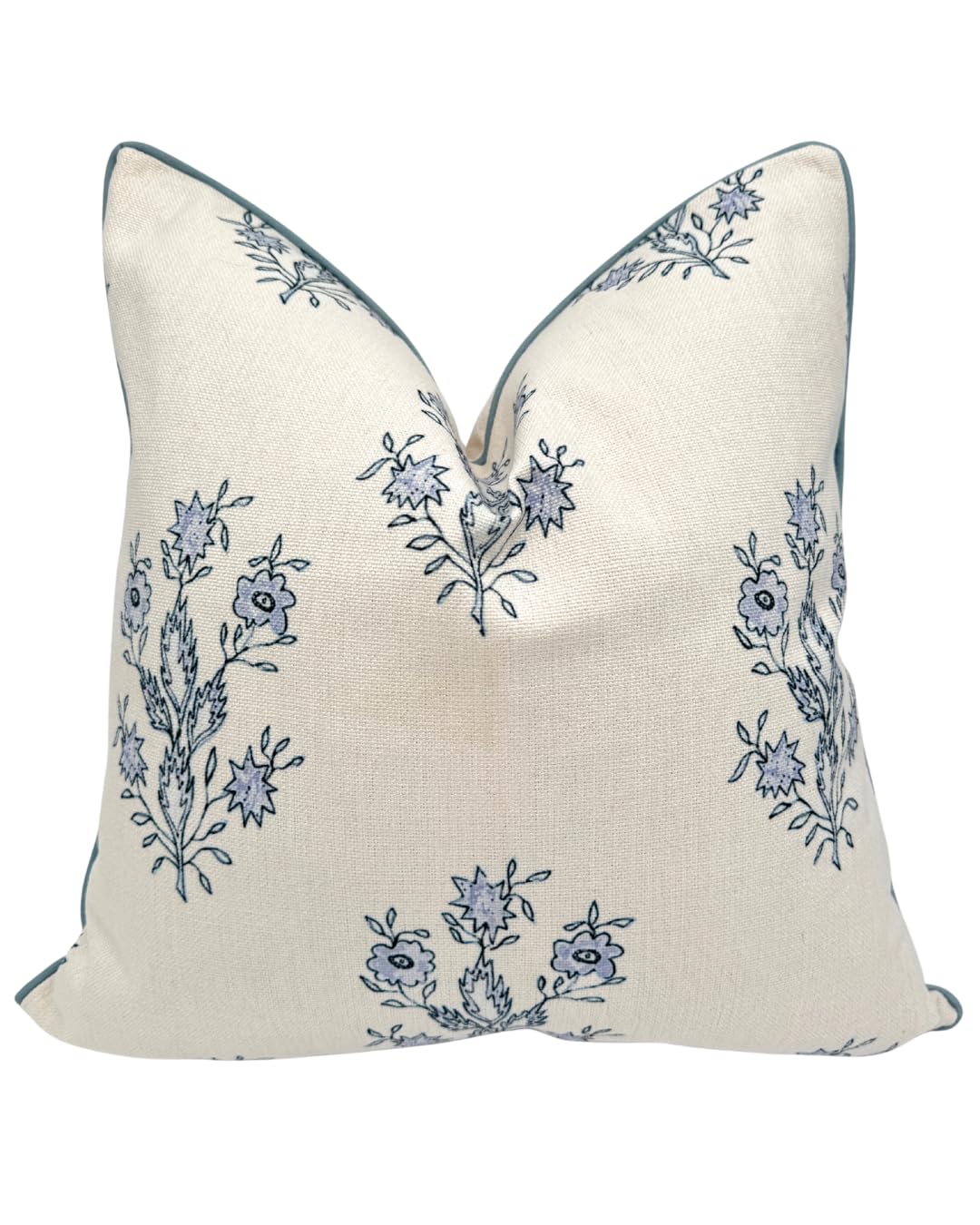 Jillien Harbor The Mary pillow cover front view with blue floral block print to elevate living room decor