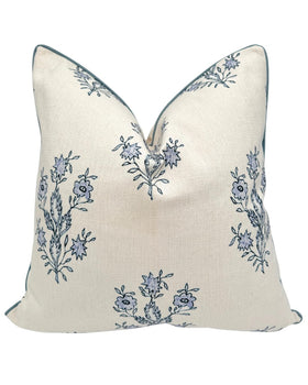 Jillien Harbor The Mary pillow cover front view with blue floral block print to elevate living room decor