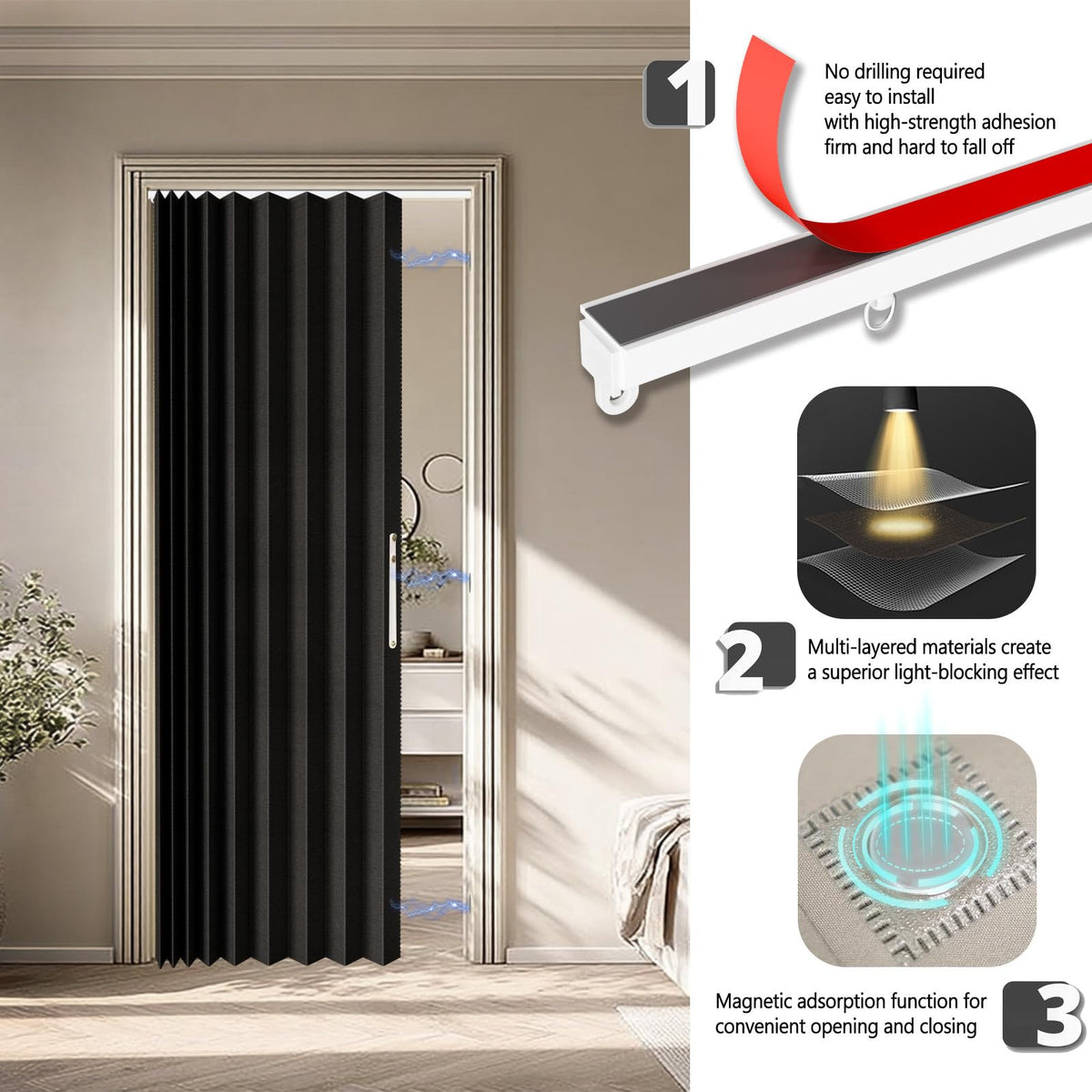 Jilron accordian door curtain adjustable installation options for screw or adhesive mounting.