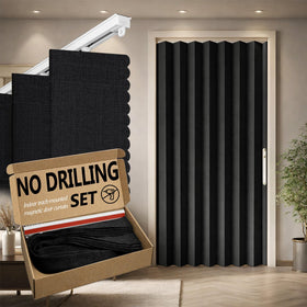 Jilron accordian door curtain close-up shows adhesive track and blackout fabric for privacy.