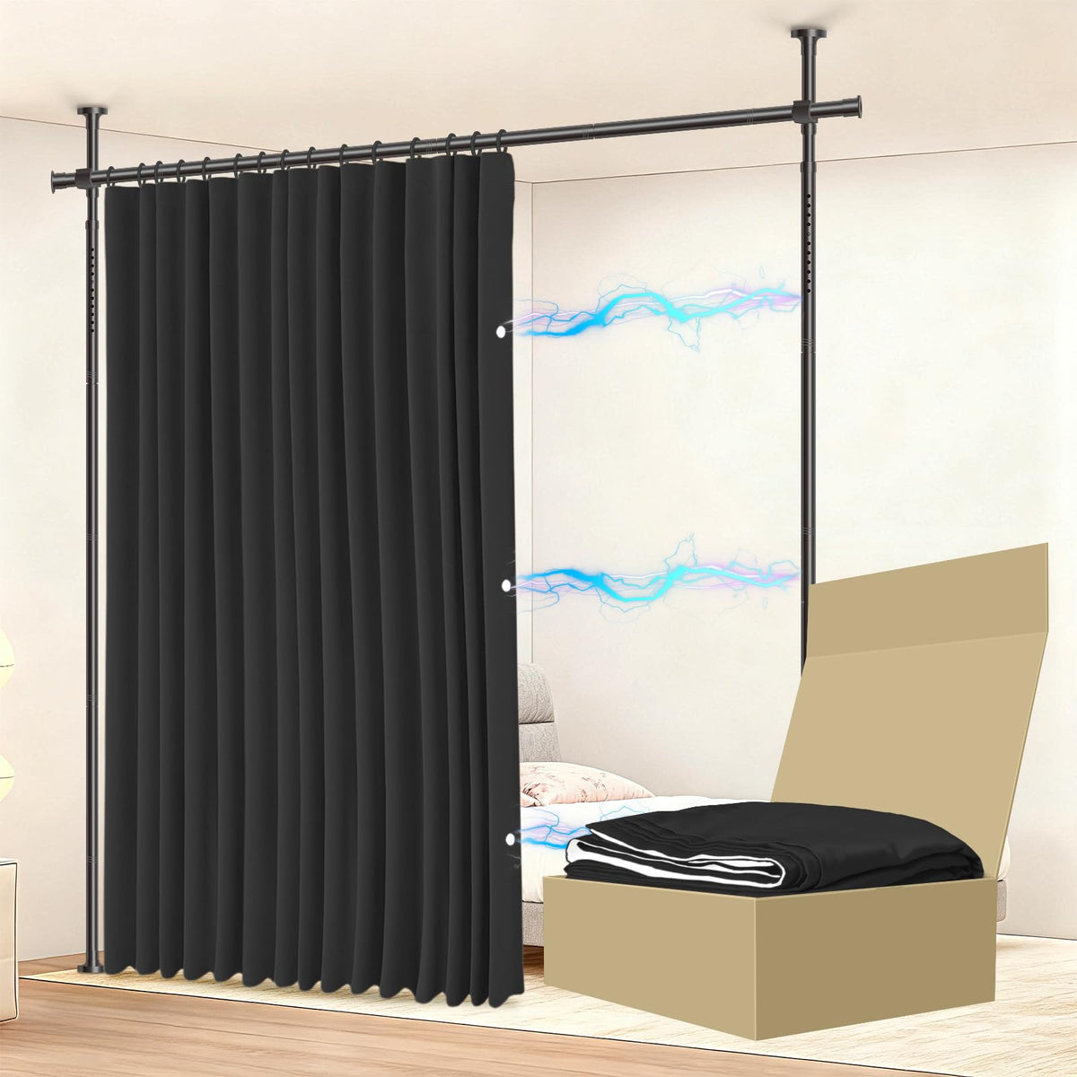 JILRON No-Drill divider curtain in black showing 106 inches wide for flexible space separation.