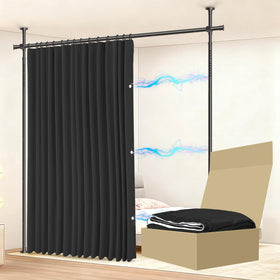 JILRON No-Drill divider curtain in black showing 106 inches wide for flexible space separation.