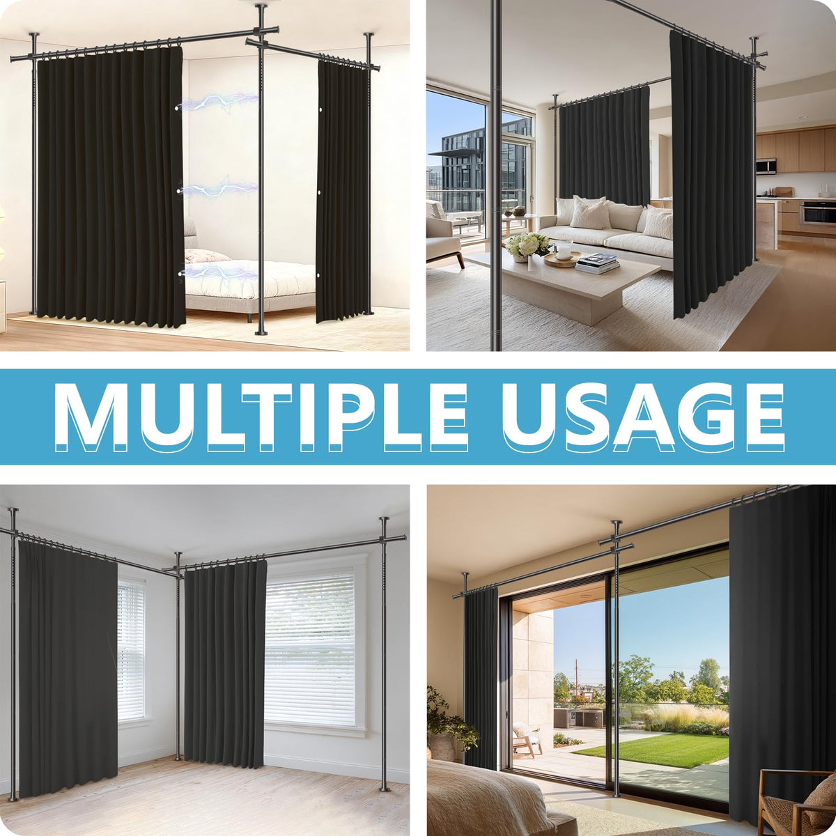 Jilron tension-rod system creates a secure, temporary room divider.