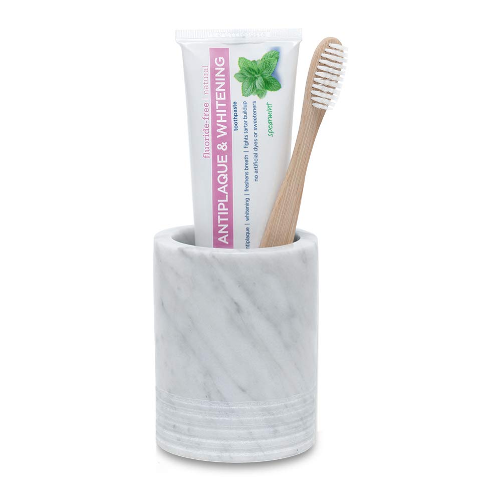 JIMEI natural marble spa toothbrush holder shows unique Carrara texture for organized grooming.