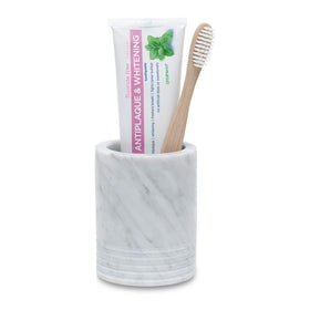 JIMEI natural marble spa toothbrush holder shows unique Carrara texture for organized grooming.