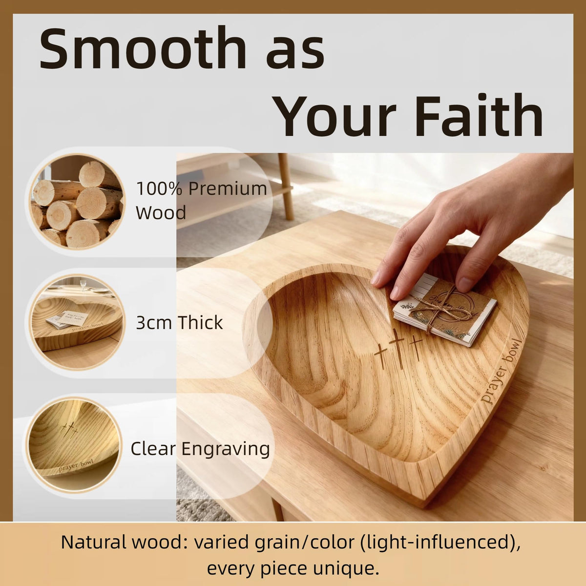 JimZePong Christian heart-shaped wooden dough bowl displayed as warm rustic decor