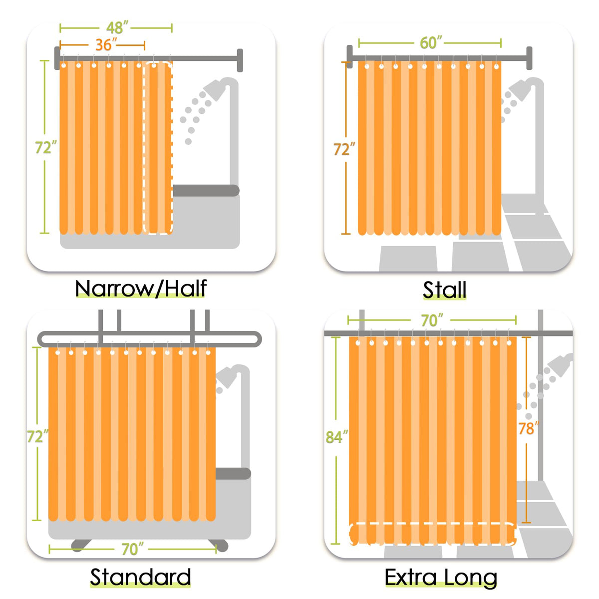 Jinchan 70x72 inches size fits most baths, offering generous coverage for privacy.