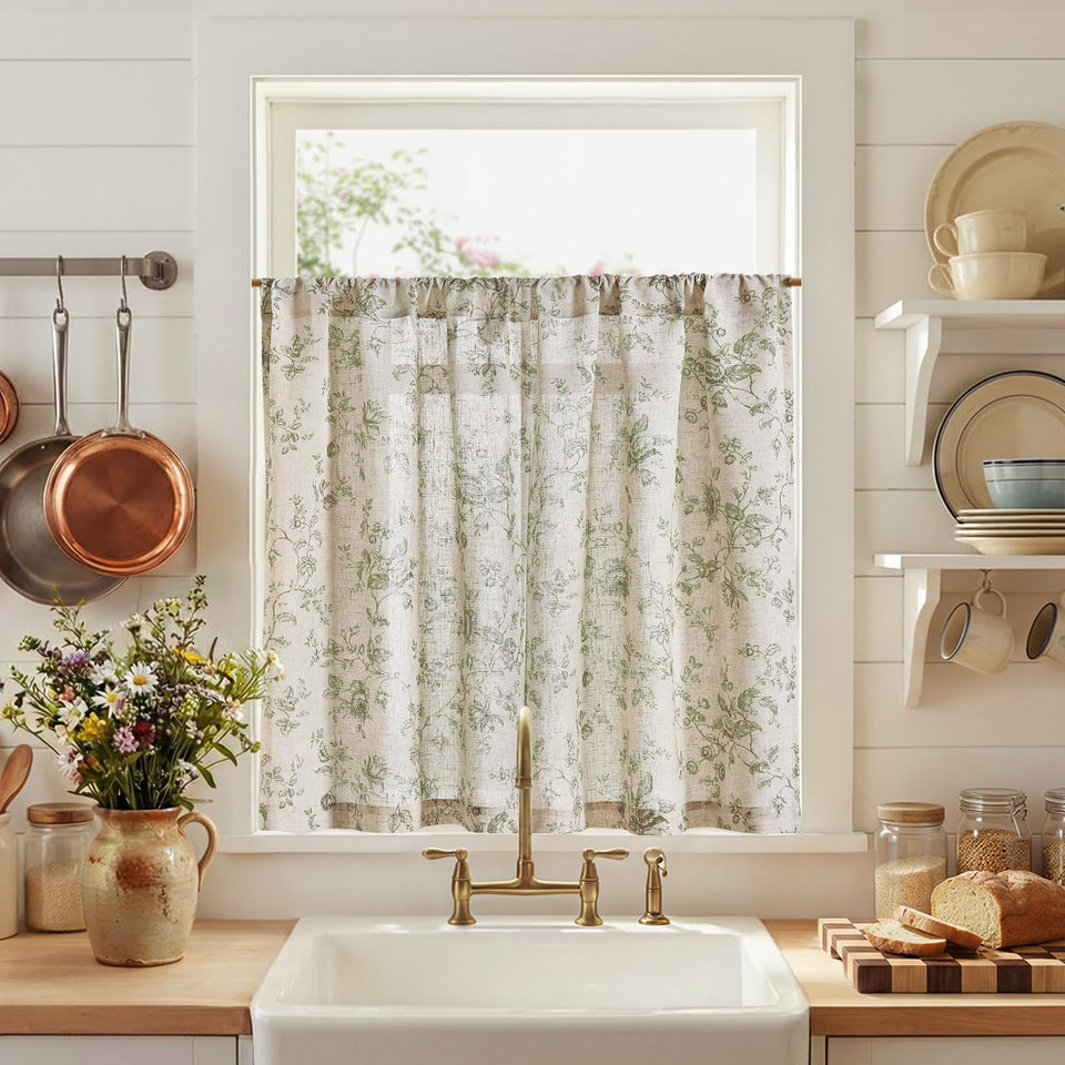 Jinchan Amlie floral linen curtains in sage green with two panels for cozy kitchen privacy