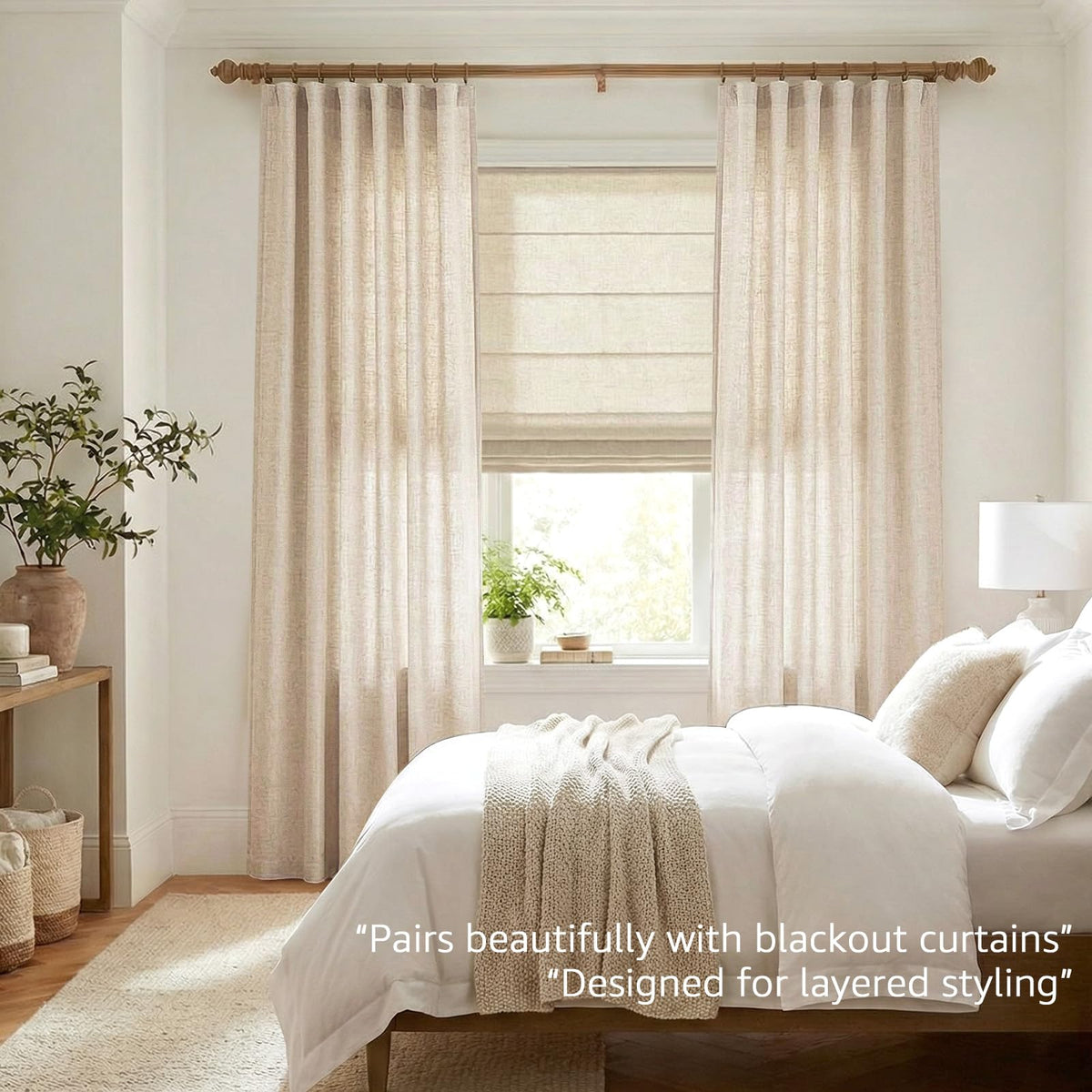 Jinchan beige linen-blend curtains in a cozy living room setup.
