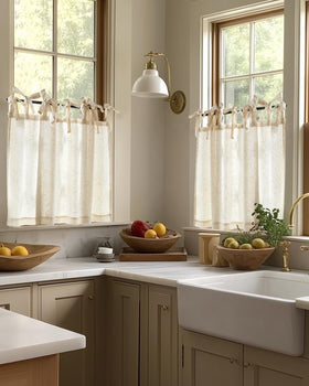 Jinchan cafe-style curtains in bow form offer flexible styling for a cozy look.