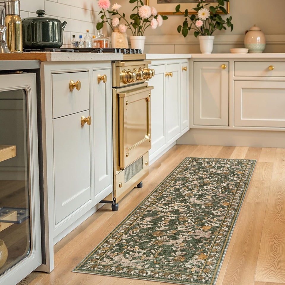 jinchan Eden Floral Runner with green pattern offers vintage charm for cozy hallways.
