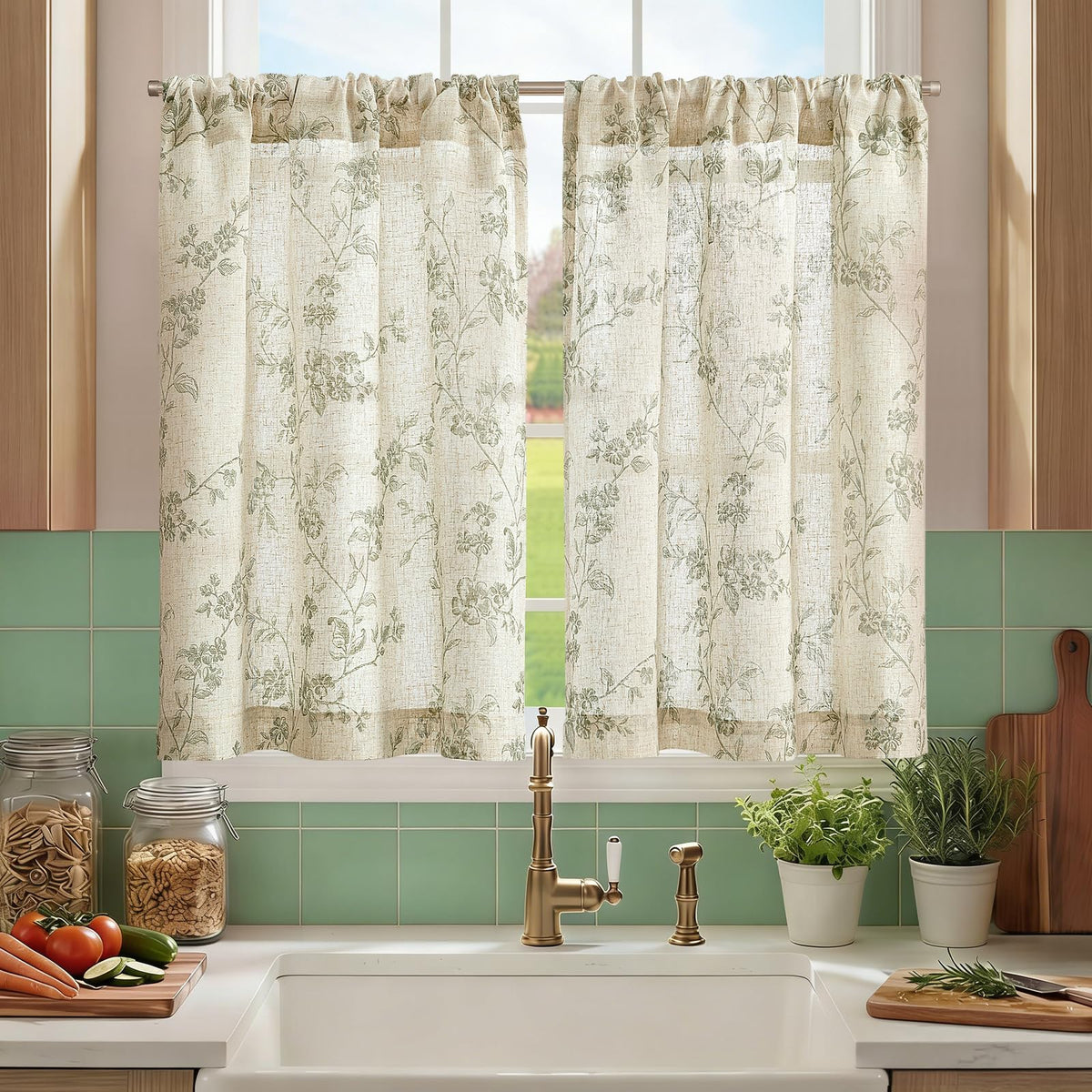 Jinchan floral pattern close-up on sage-green linen curtain providing soft light filtering.