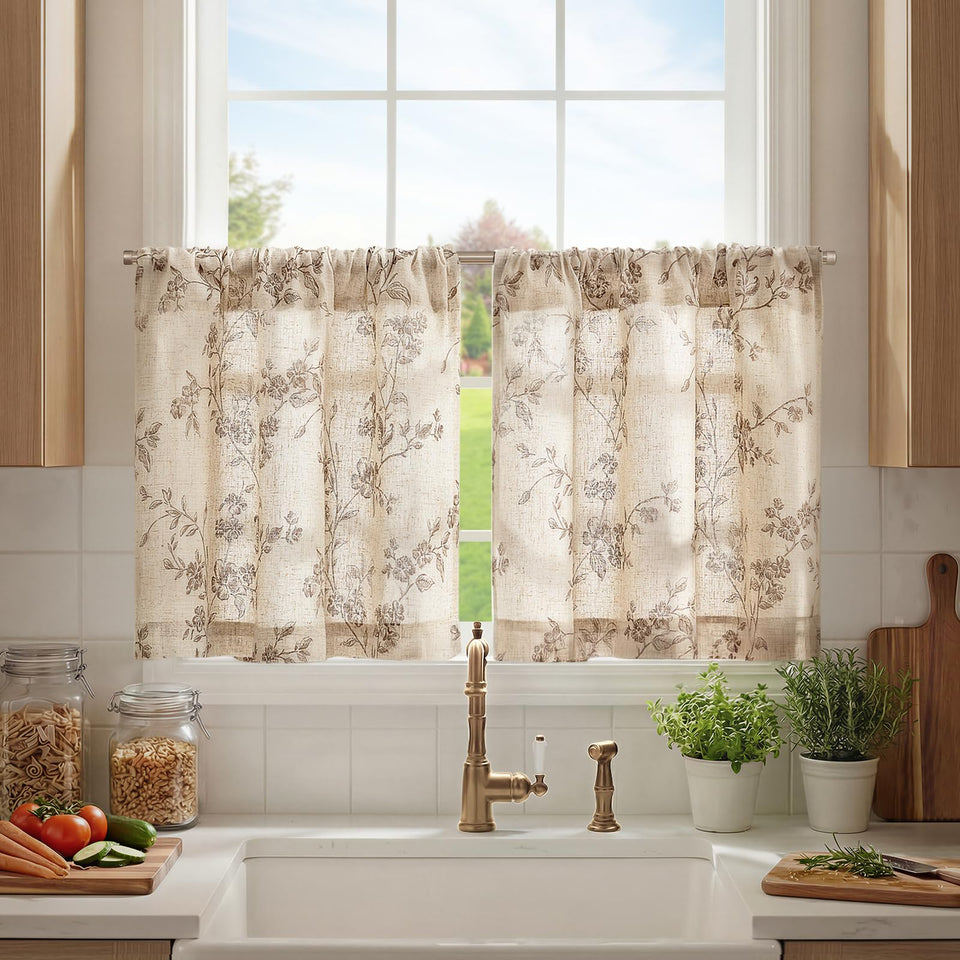Jinchan floral kitchen curtains taupe on beige over sink with soft light filtering