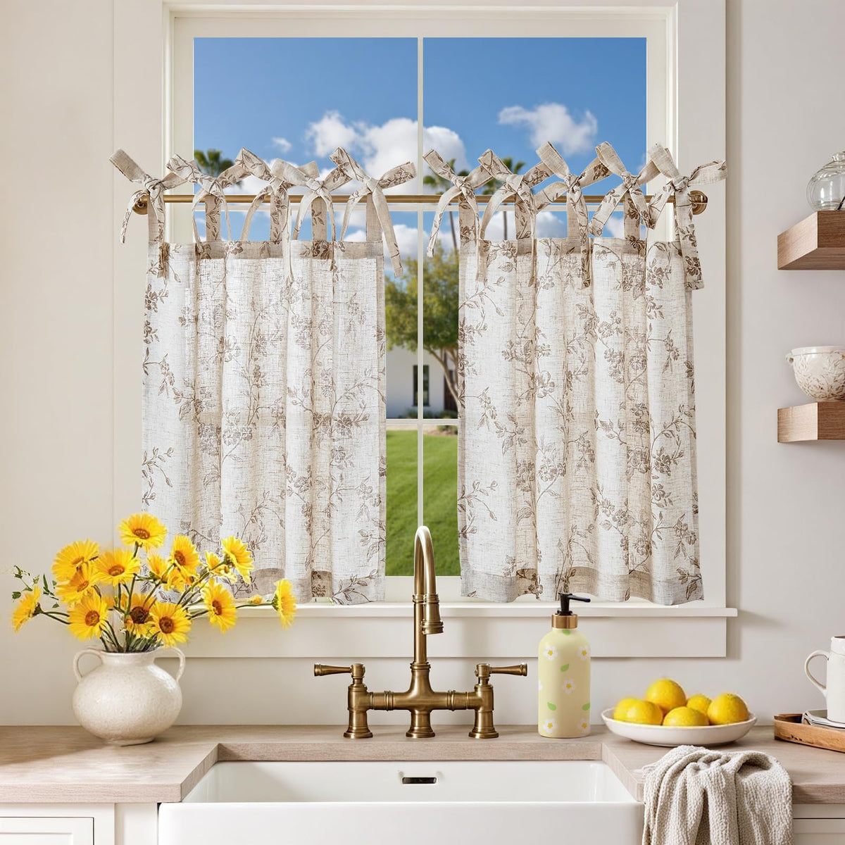 Jinchan floral kitchen curtains 26W x 24L, garden-inspired fabric for gentle light filtration.