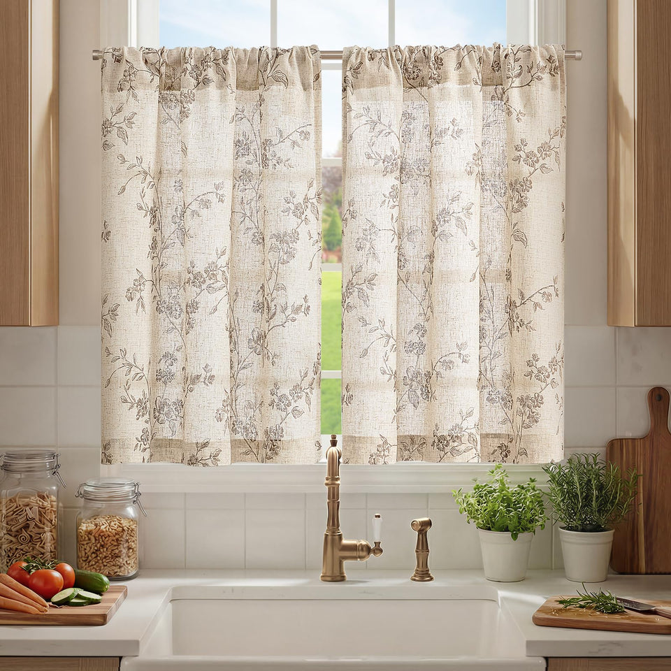 Jinchan floral kitchen curtains with pole-pocket design for quick installation and privacy.