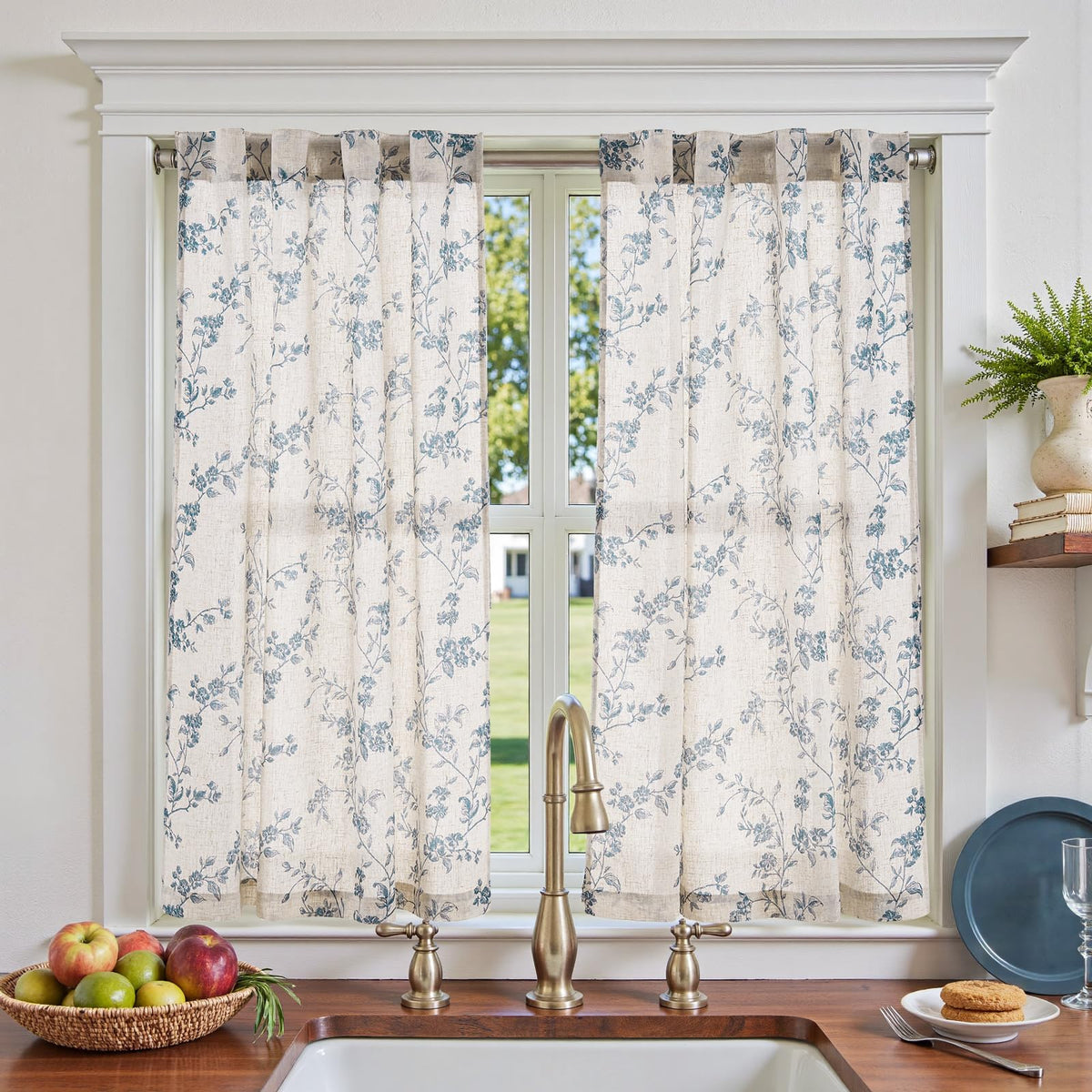 Jinchan floral kitchen curtains in blue on beige softly filter light for small windows.