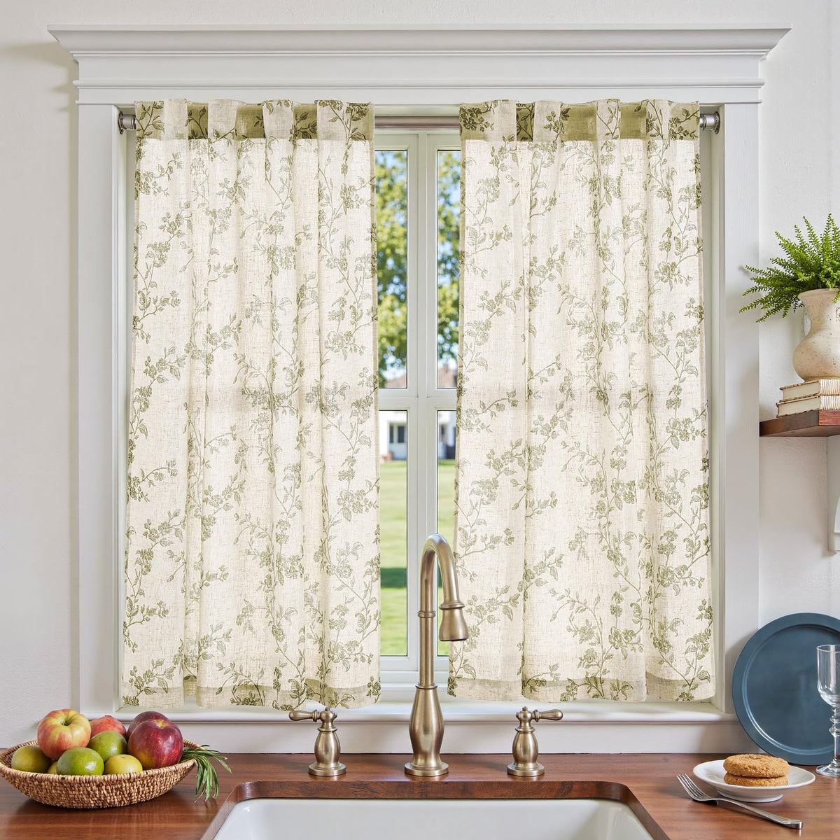 Jinchan floral kitchen curtains pair on window provide light filtering and privacy.