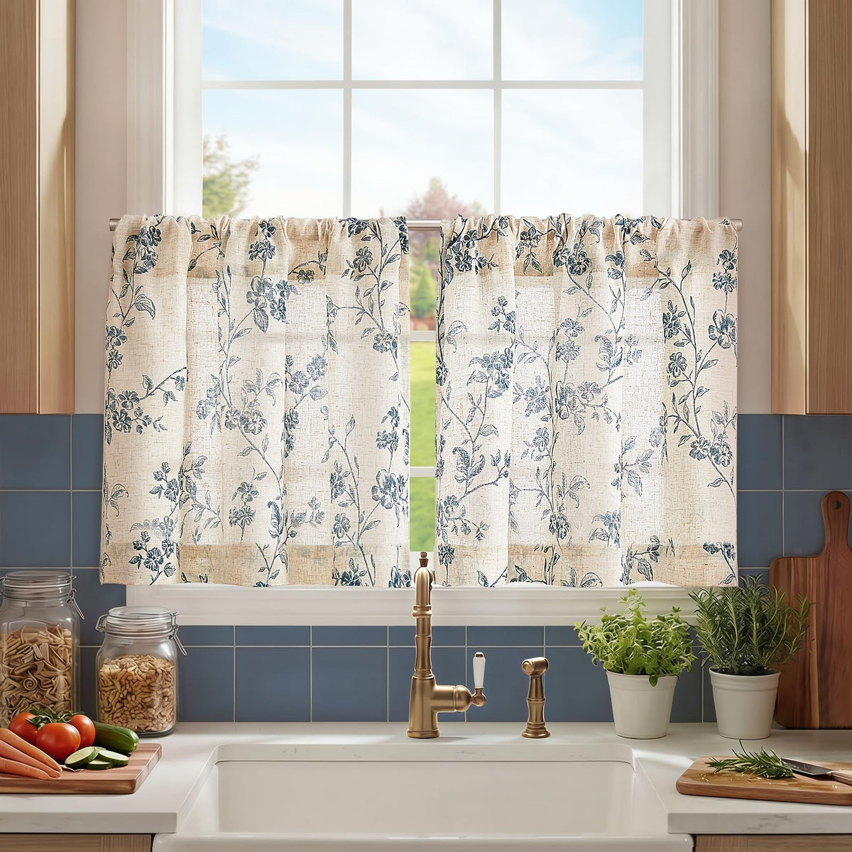 Jinchan floral kitchen curtains, close-up panel blue on beige, lightweight filtering.