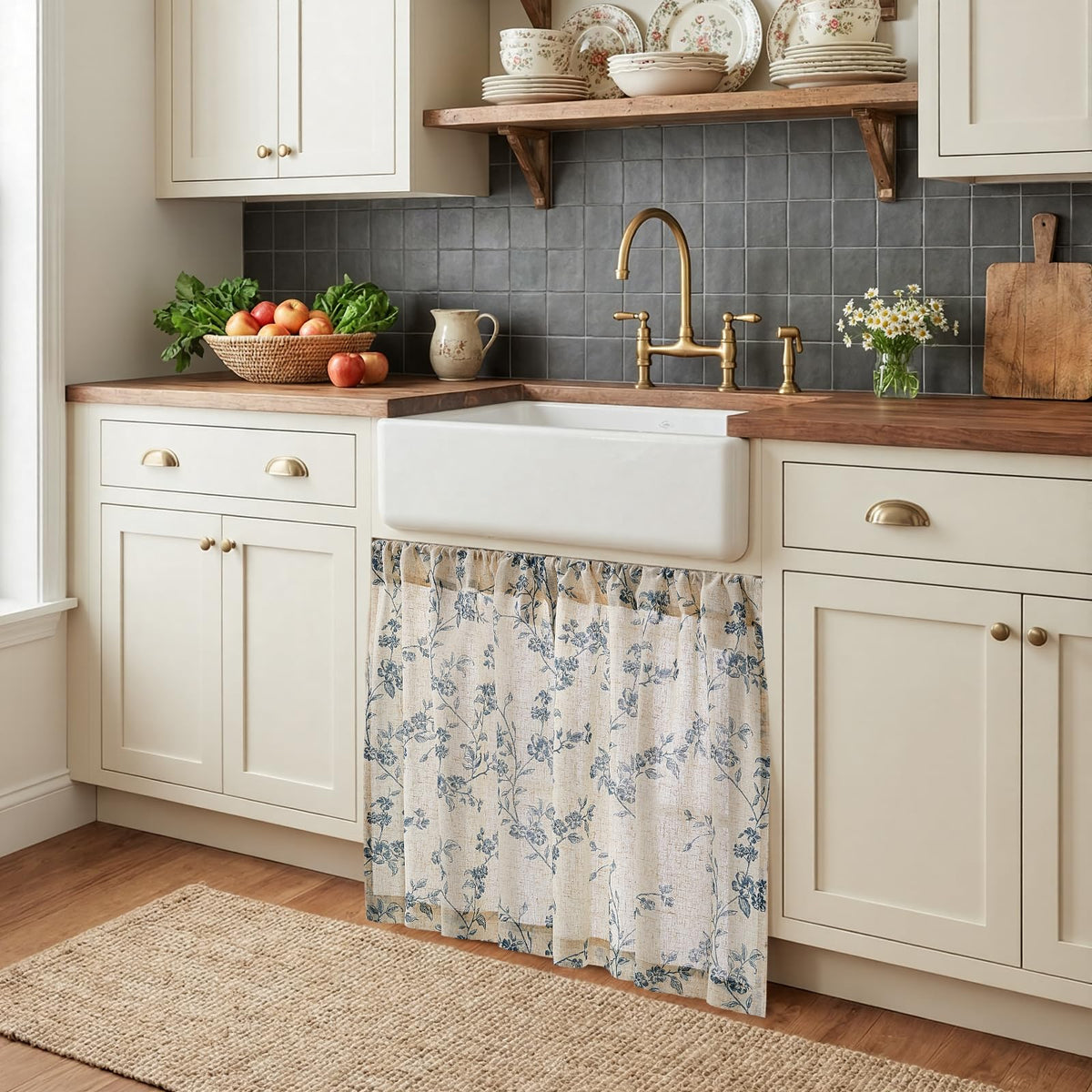 Jinchan floral kitchen curtains, window view, soft light diffusion for cozy mood.