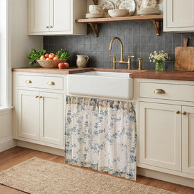 Jinchan floral kitchen curtains, window view, soft light diffusion for cozy mood.