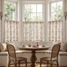 Jinchan floral kitchen curtains close up pattern featuring oriental florals and ferns.