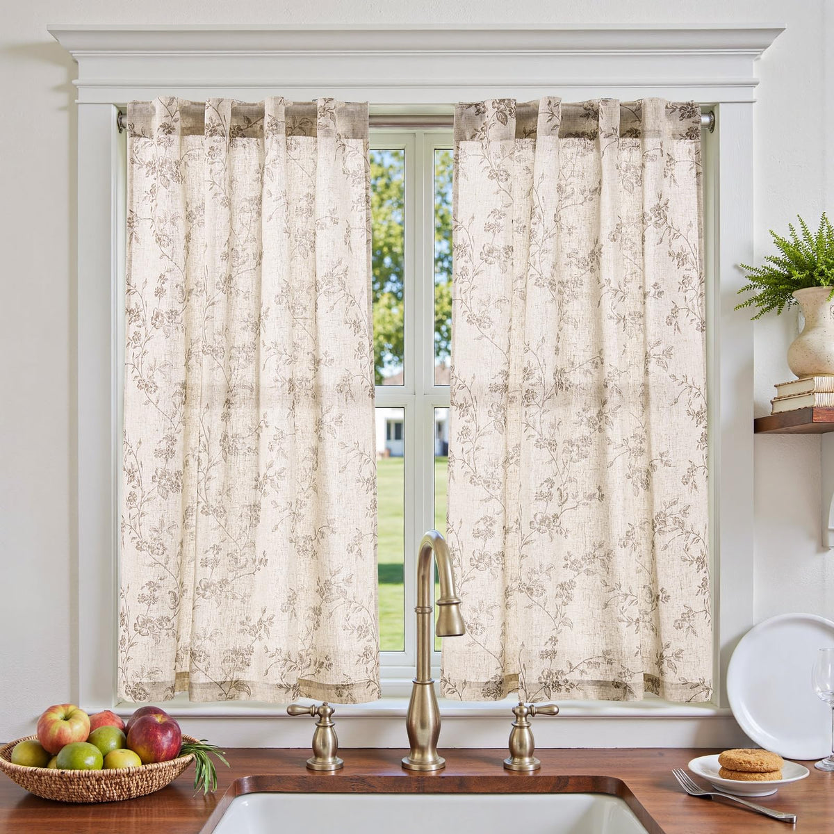 Jinchan Floral Kitchen Curtains closeup linen texture showing soft light diffusion and cozy ambience