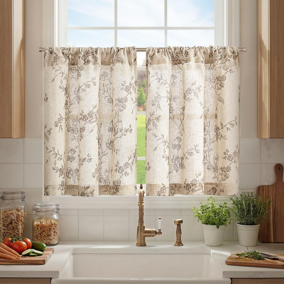 Jinchan floral kitchen curtains fabric closeup showing soft texture ideal for light filtering.