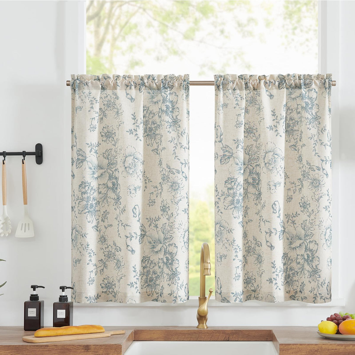 jinchan floral linen tier curtains close-up showing blue flowers on beige fabric for texture and pattern